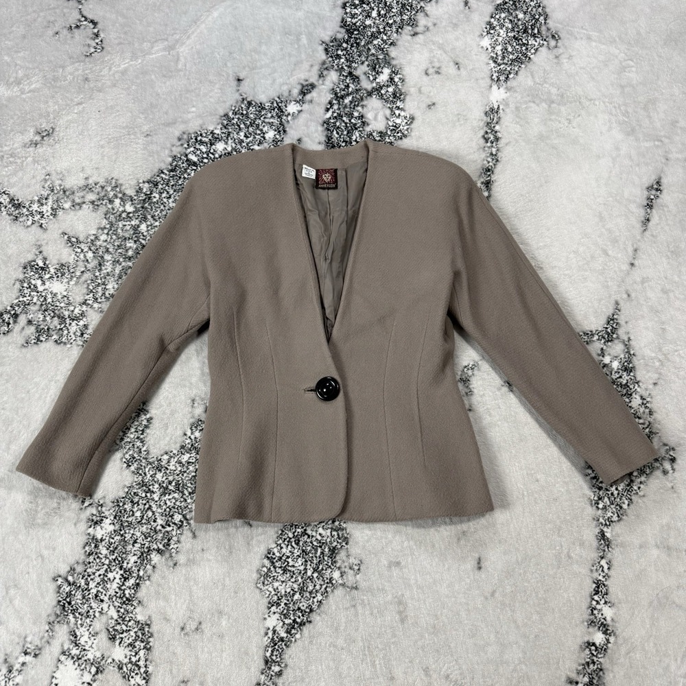 Anne‎ Klein Jacket Womens Sz 10 Beige One Button V Neckline Blazer Wool Cashmere